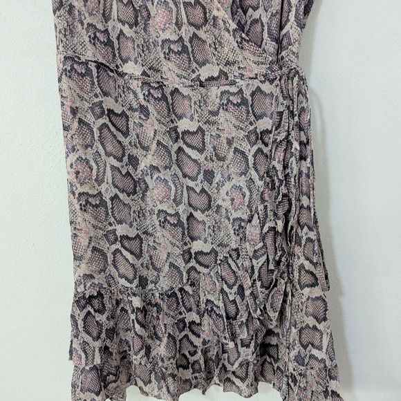 Allsaints Priya Snake Print Ruffle Pring Wrap Mini Dress Sleeveless Beige Large - Picture 7 of 11